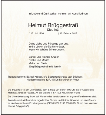 Traueranzeige von Helmut Brüggestraß von Rheinische Post
