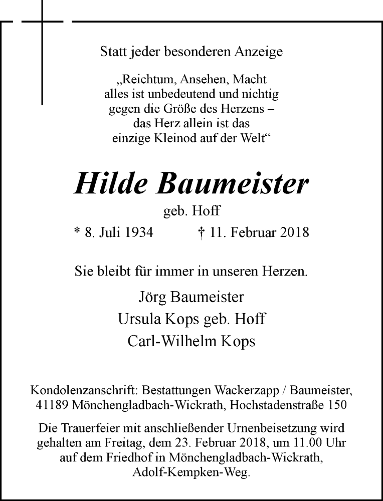  Traueranzeige für Hilde Baumeister vom 17.02.2018 aus Rheinische Post