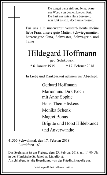 Traueranzeige von Hildegard Hoffmann von Rheinische Post