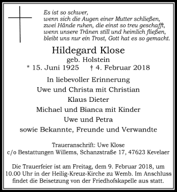Traueranzeige von Hildegard Klose von Rheinische Post