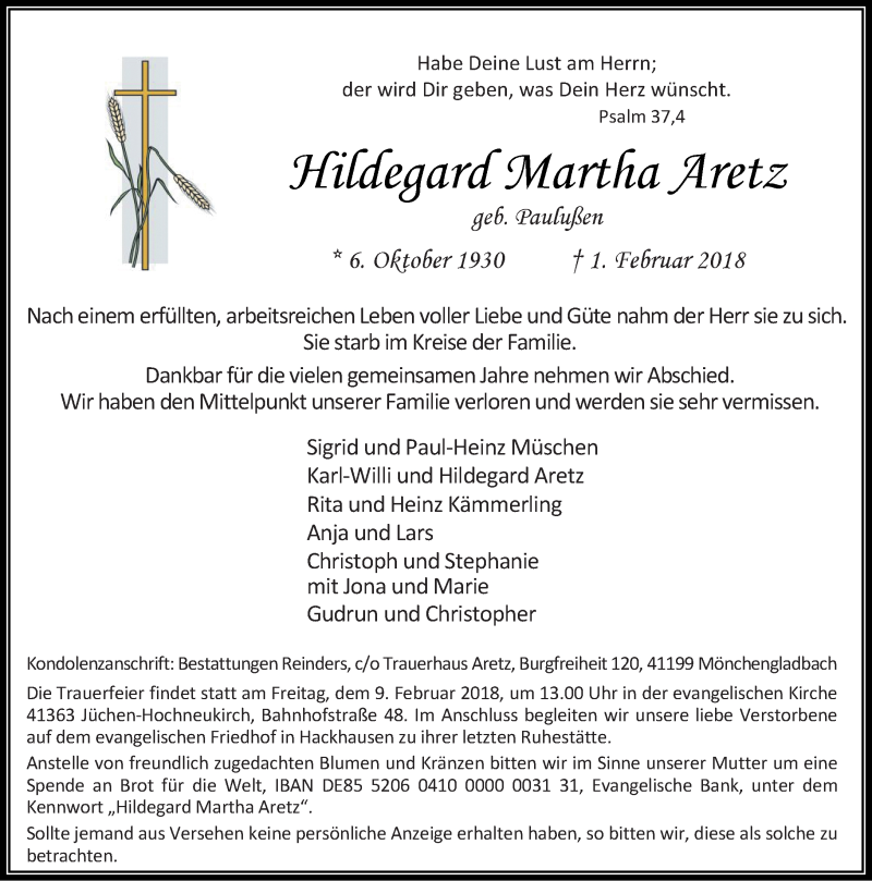 Traueranzeige für Hildegard Martha Aretz vom 07.02.2018 aus Rheinische Post
