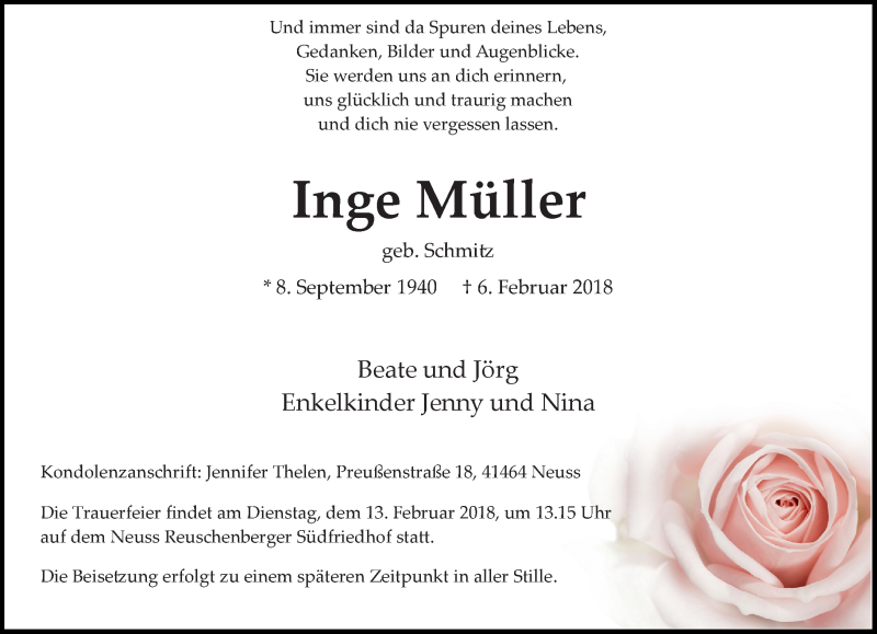  Traueranzeige für Inge Müller vom 10.02.2018 aus Rheinische Post