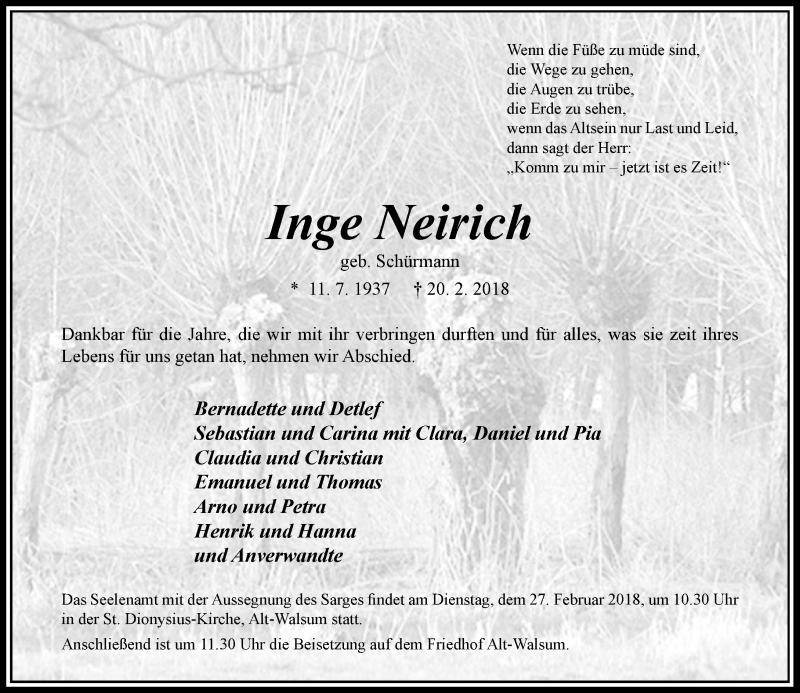  Traueranzeige für Inge Neinich vom 24.02.2018 aus Rheinische Post