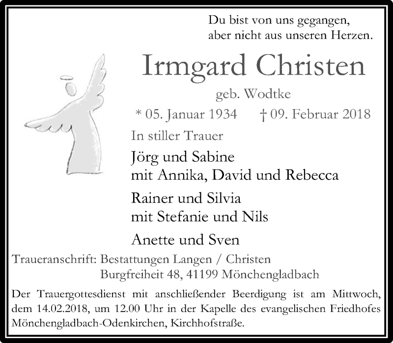  Traueranzeige für Irmgard Christen vom 10.02.2018 aus Rheinische Post