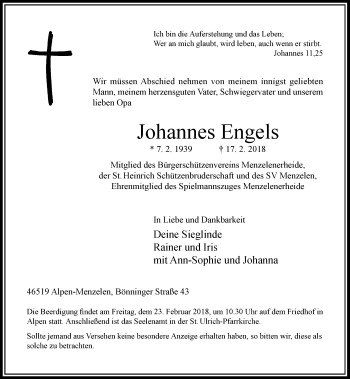 Traueranzeige von Johannes Engels von Rheinische Post