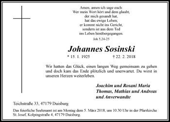 Traueranzeige von Johannes Sosinski von Rheinische Post