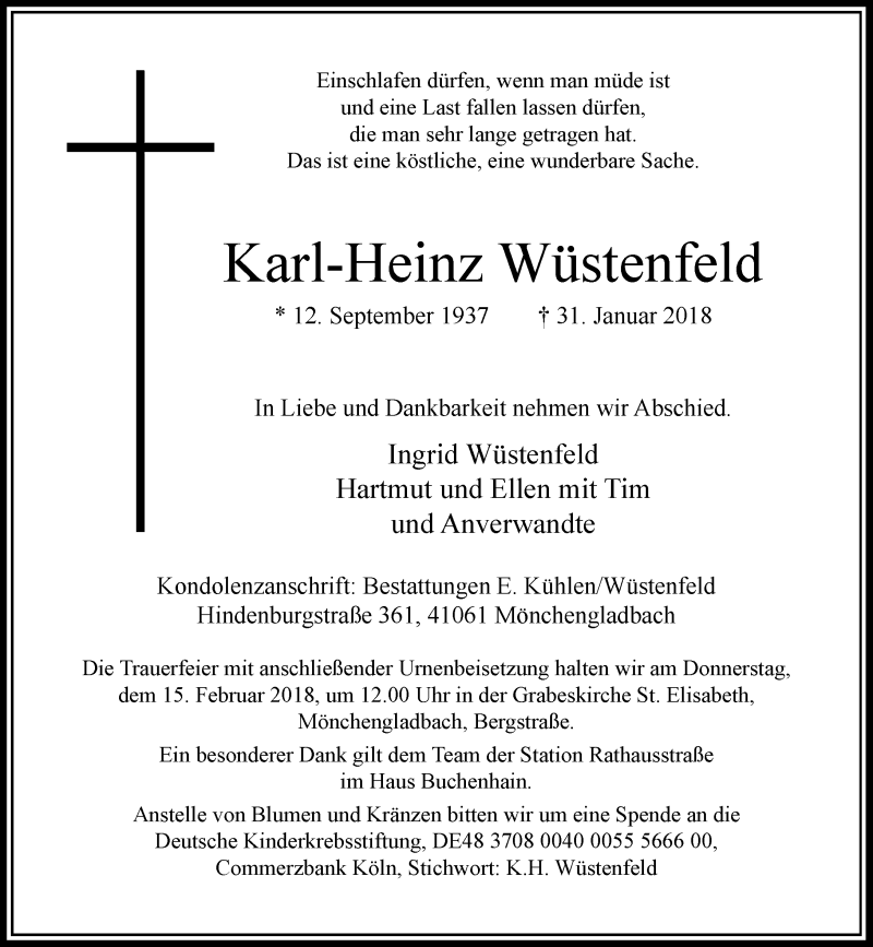  Traueranzeige für Karl-Heinz Wüstenfeld vom 10.02.2018 aus Rheinische Post