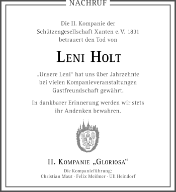 Traueranzeige von Leni Holt von Rheinische Post