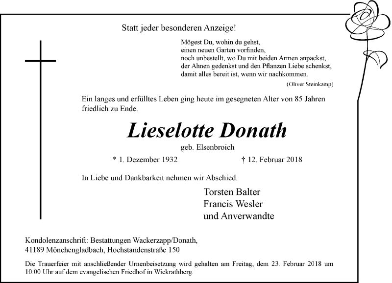  Traueranzeige für Lieselotte Donath vom 17.02.2018 aus Rheinische Post
