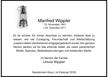 Traueranzeige von Manfred Wippler von Rheinische Post