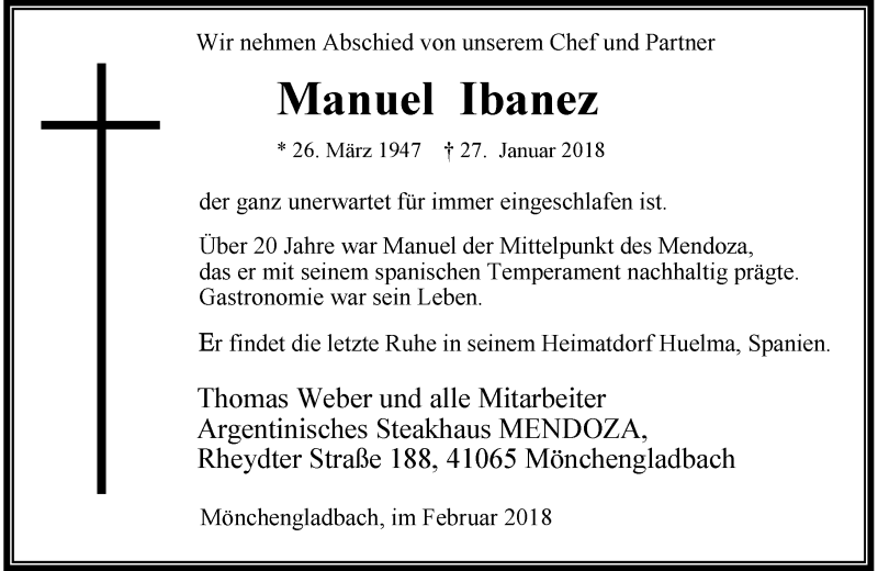  Traueranzeige für Manuel Ibanez vom 10.02.2018 aus Rheinische Post