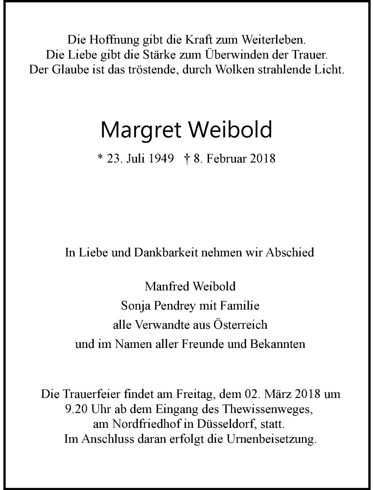  Traueranzeige für Margret Weibold vom 17.02.2018 aus Rheinische Post