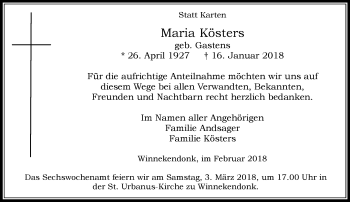 Traueranzeige von Maria Kösters von Rheinische Post