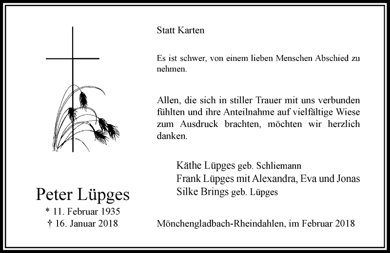  Traueranzeige für Peter Lüpges vom 24.02.2018 aus Rheinische Post