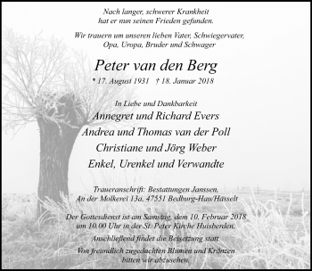 Traueranzeige von Peter van den Berg von Rheinische Post