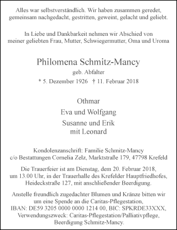 Traueranzeige von Philomena Schmitz-Mancy von Rheinische Post