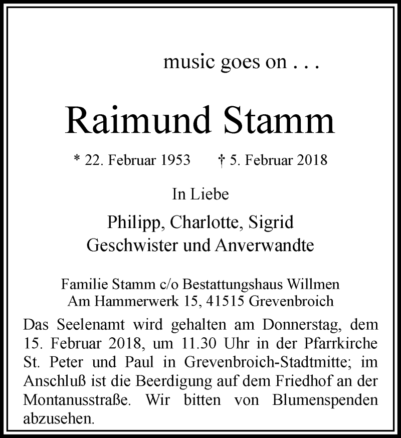  Traueranzeige für Raimund Stamm vom 10.02.2018 aus Rheinische Post