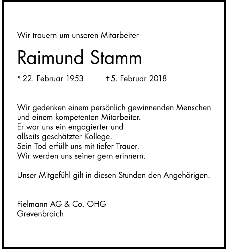  Traueranzeige für Raimund Stamm vom 15.02.2018 aus Rheinische Post