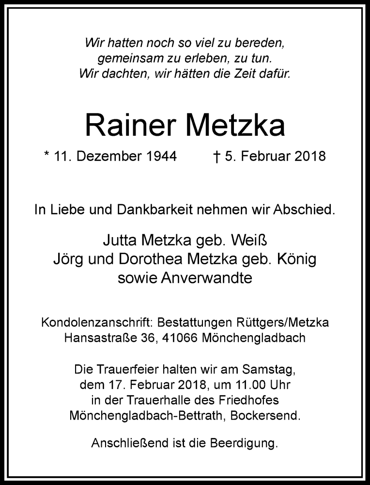  Traueranzeige für Rainer Metzka vom 10.02.2018 aus Rheinische Post
