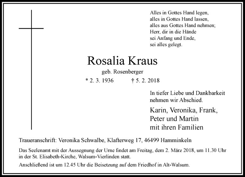  Traueranzeige für Rosalia Kraus vom 15.02.2018 aus Rheinische Post