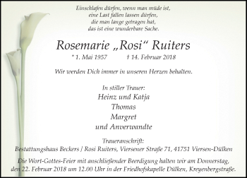 Traueranzeige von Rosemarie Rosi Ruiters von Rheinische Post