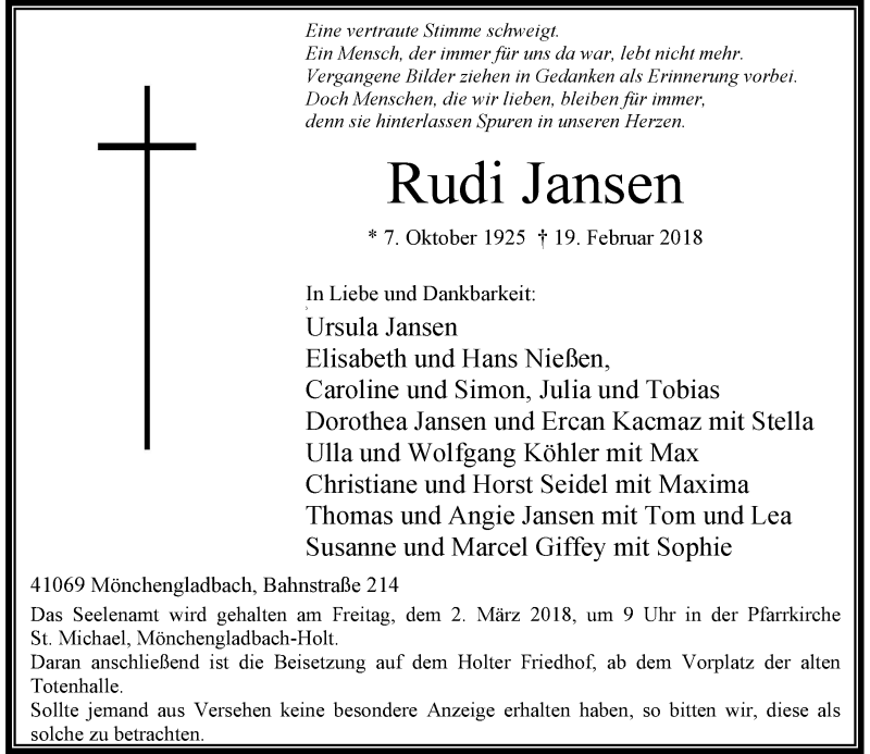  Traueranzeige für Rudi Jansen vom 24.02.2018 aus Rheinische Post