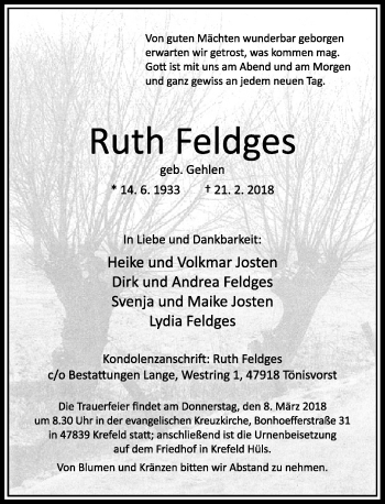Traueranzeige von Ruth Feldges von Rheinische Post