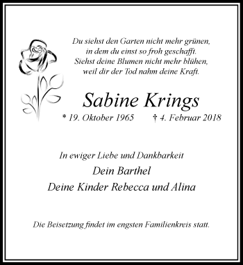 Traueranzeige von Sabine Krings von Rheinische Post