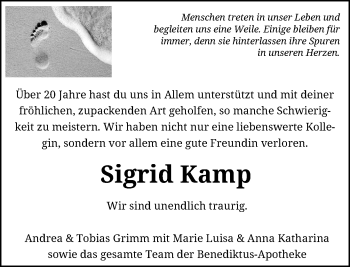 Traueranzeige von Sigrid Kamp von Rheinische Post