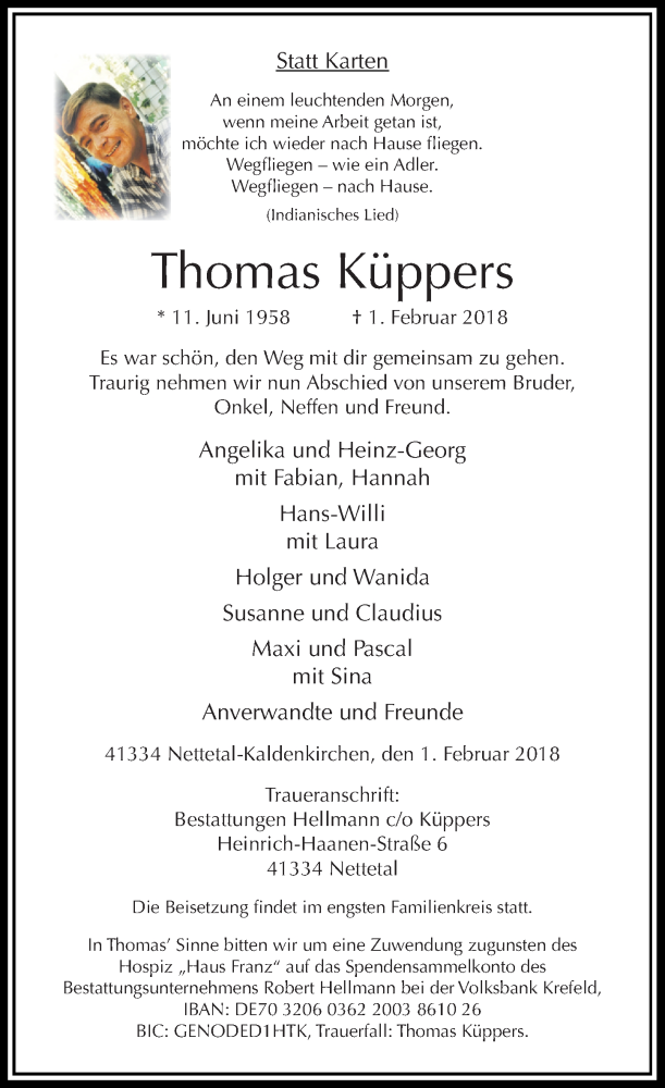  Traueranzeige für Thomas Küppers vom 03.02.2018 aus Rheinische Post