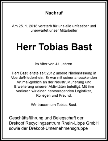 Traueranzeige von Tobias Bast von Rheinische Post