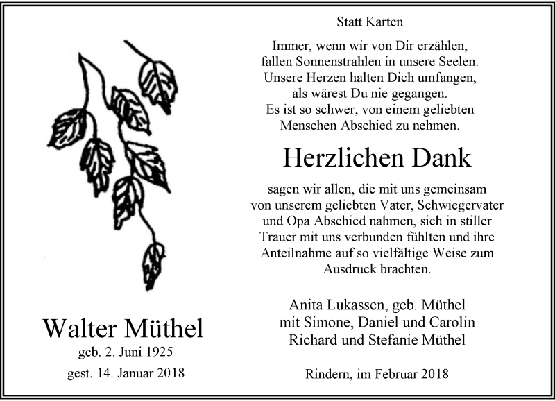  Traueranzeige für Walter Müthel vom 24.02.2018 aus Rheinische Post