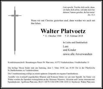 Traueranzeige von Walter Platvoetz von Rheinische Post