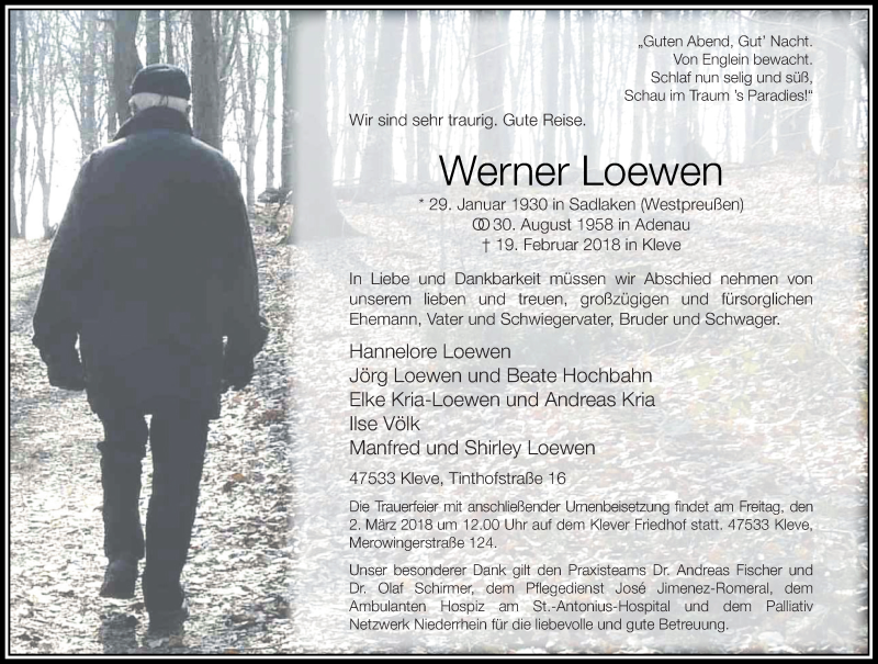  Traueranzeige für Werner Loewen vom 22.02.2018 aus Rheinische Post