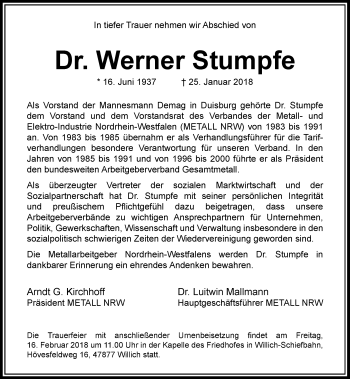 Traueranzeige von Werner Stumpfe von Rheinische Post