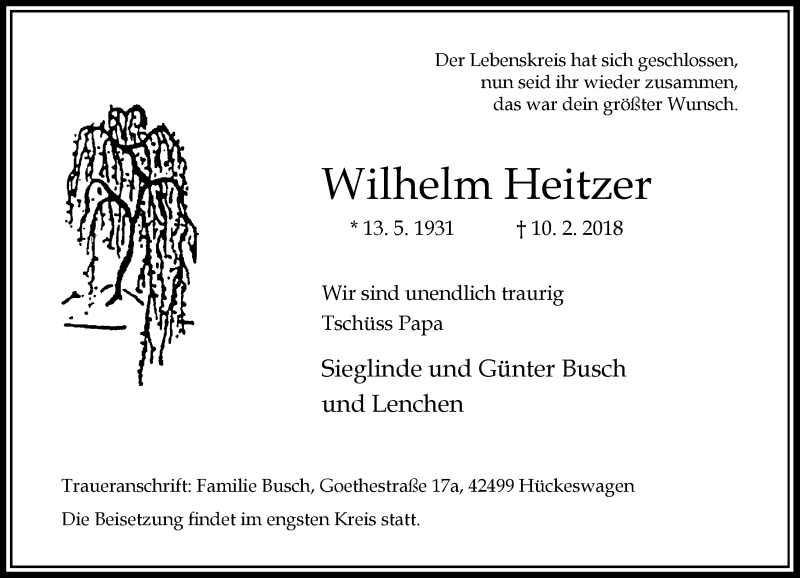  Traueranzeige für Wilhelm Heitzer vom 17.02.2018 aus Rheinische Post