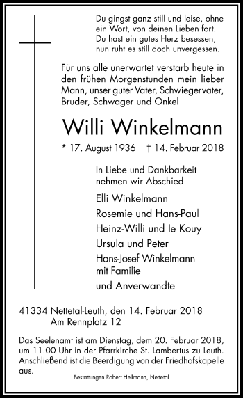 Traueranzeige von Willi Winkelmann von Rheinische Post