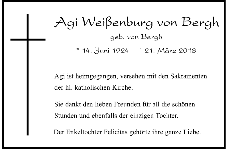  Traueranzeige für Agi Weißenburg von Bergh vom 24.03.2018 aus Rheinische Post
