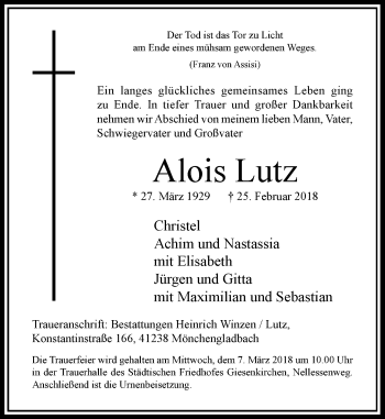 Traueranzeige von Alois Lutz von Rheinische Post