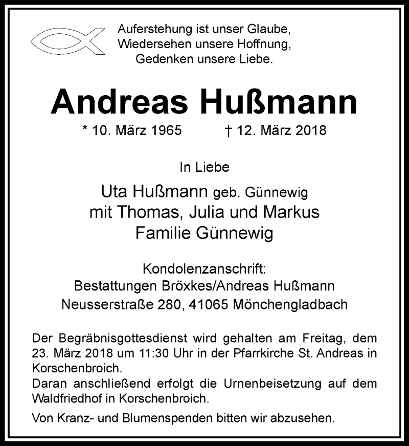  Traueranzeige für Andreas Hußmann vom 17.03.2018 aus Rheinische Post