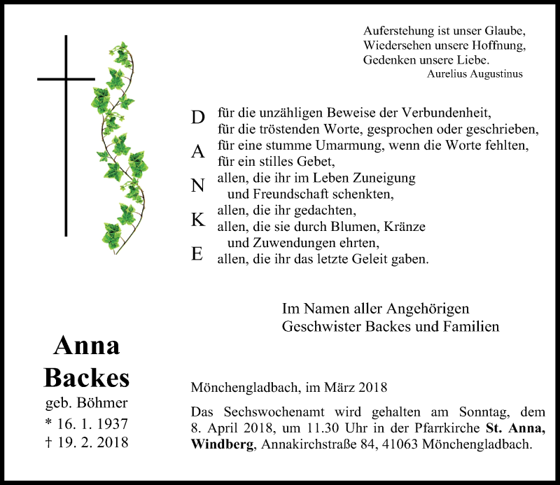  Traueranzeige für Anna Backes vom 31.03.2018 aus Rheinische Post
