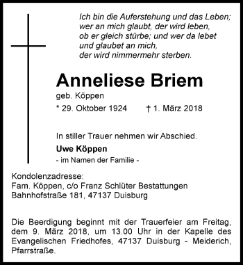 Traueranzeige von Anneliese Briem von Rheinische Post