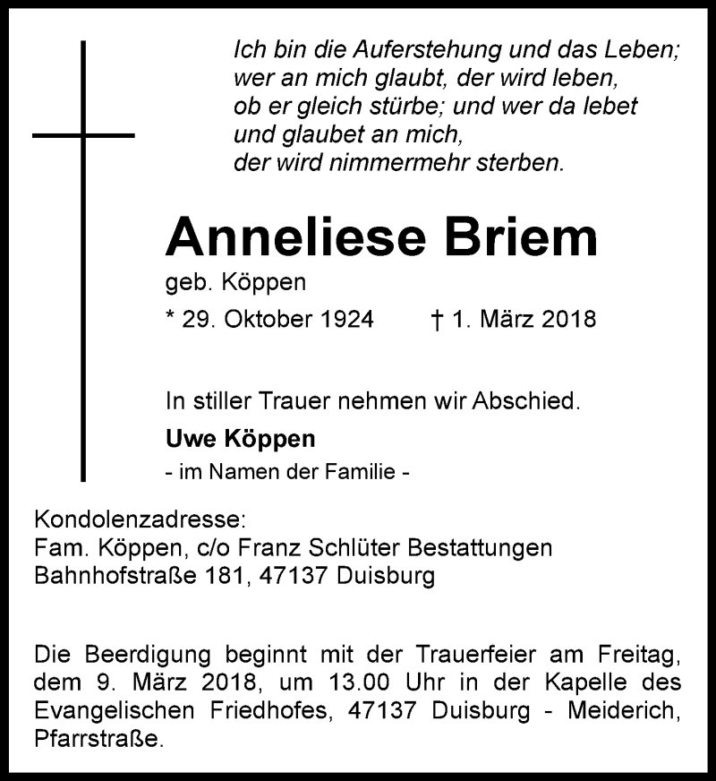  Traueranzeige für Anneliese Briem vom 06.03.2018 aus Rheinische Post