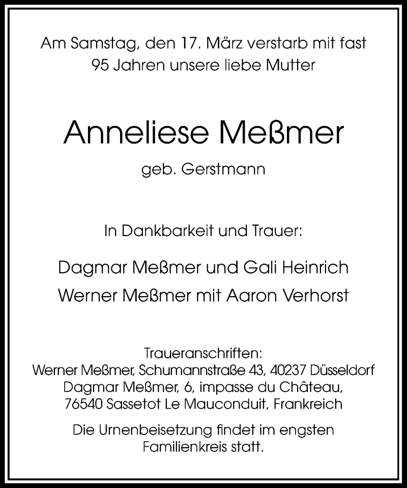  Traueranzeige für Anneliese Meßmer vom 24.03.2018 aus Rheinische Post