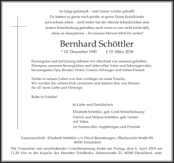 Traueranzeige von Bernhard Schöttler von Rheinische Post