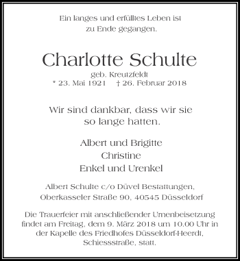 Traueranzeige von Charlotte Schulte von Rheinische Post