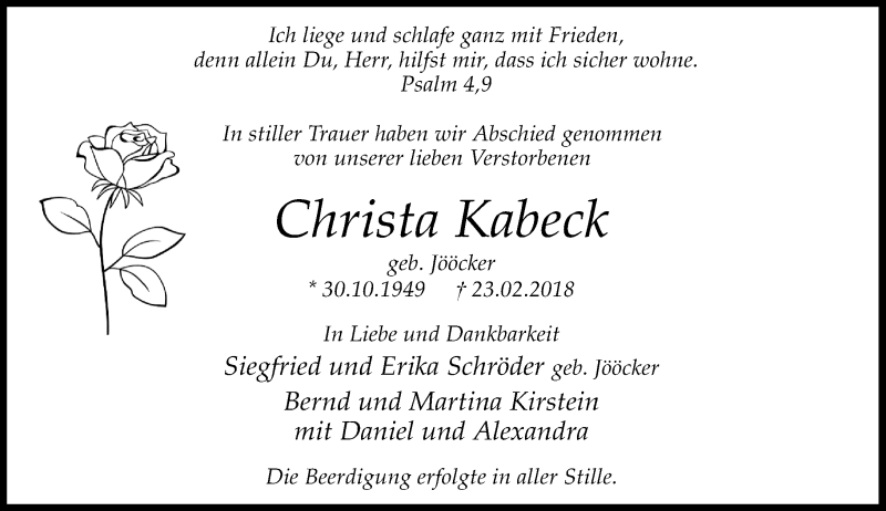  Traueranzeige für Christa Kabeck vom 06.03.2018 aus Rheinische Post