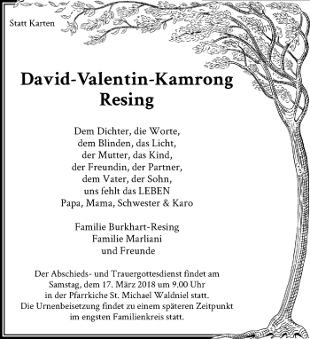 Traueranzeige von David-Valentin-Kamrong Resing von Rheinische Post
