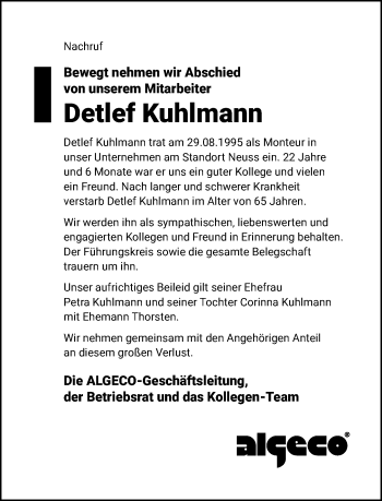 Traueranzeige von Detlef Kuhlmann von Rheinische Post