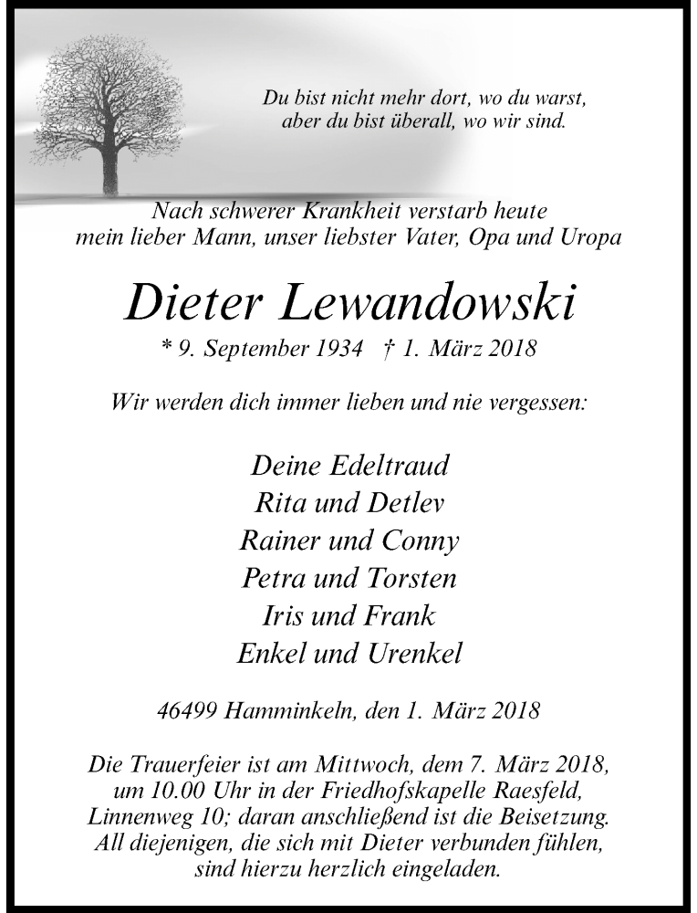  Traueranzeige für Dieter Lewandowski vom 06.03.2018 aus Rheinische Post
